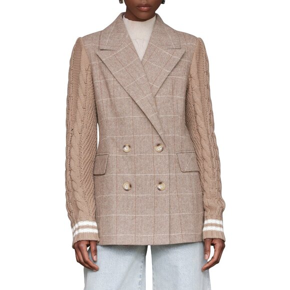 New Avec Les Filles Double Breasted Mixed Media Blazer Oat Windowpane XS - Picture 3 of 6